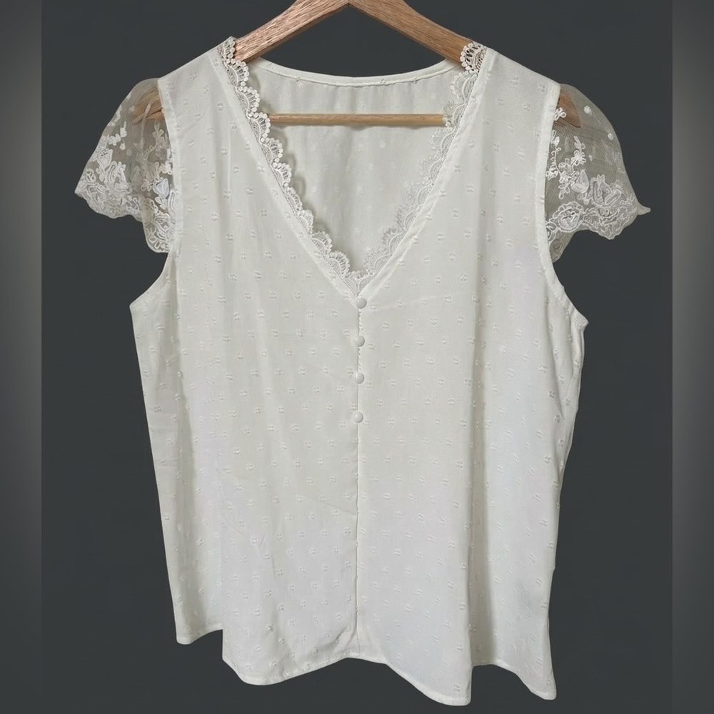 White Swiss Dot Lace Sleeve Blouse V-Neck Boho Romantic Top Size L Cottagecore